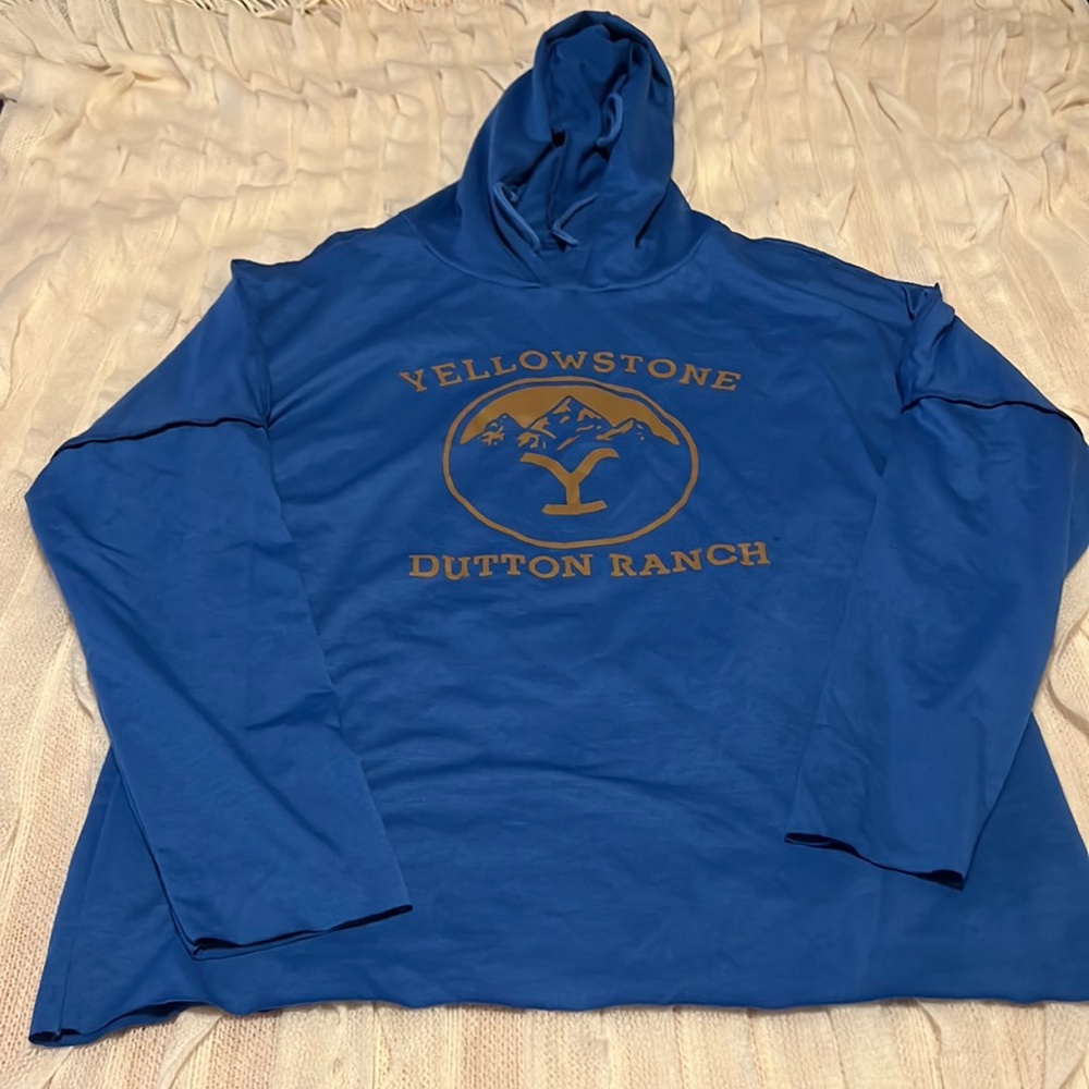 Yellowstone Dutton Ranch Blue Hooded Pullover, Raw hem at bottom & cuffs